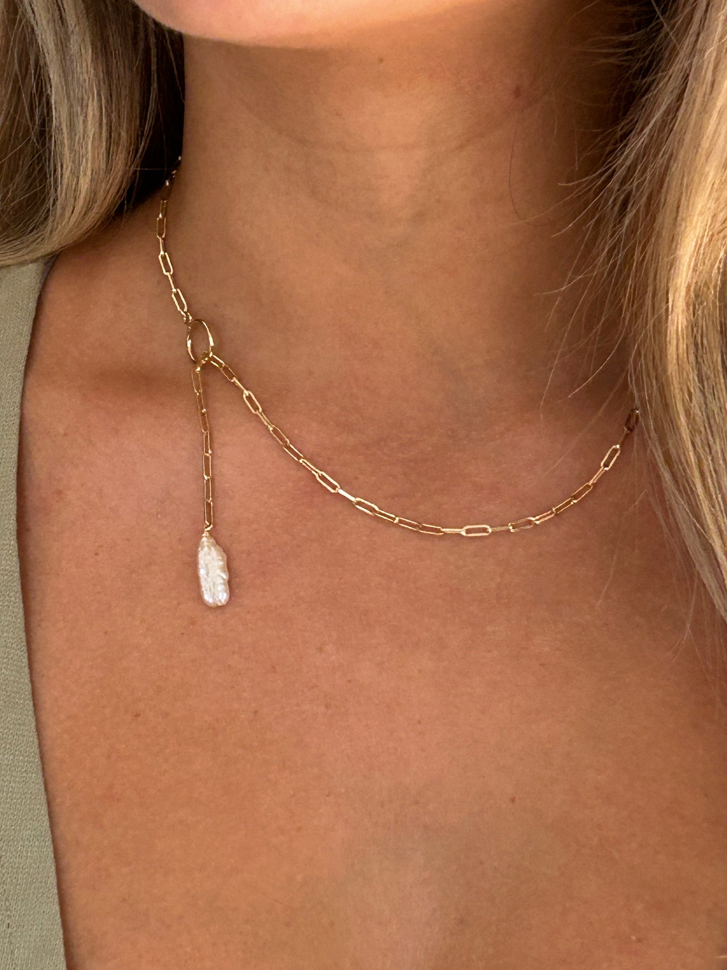 Biwa Pearl Lariat Necklace